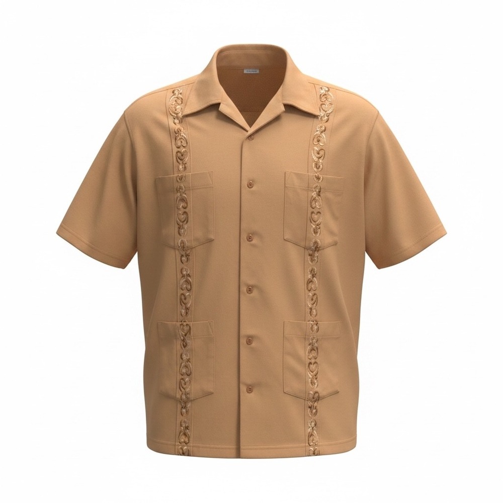 Haband Genuine Guayabera Mens XL Tan Short Sleeve Embroidered 4-Pocket Shirt